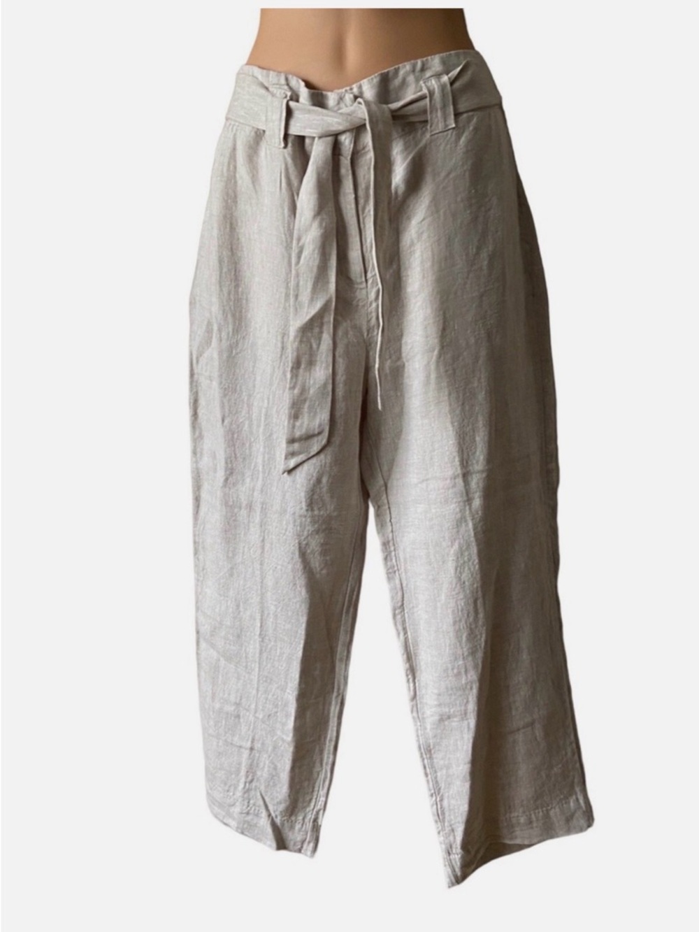 Women's Light beige Linen Tie-Waist Capris